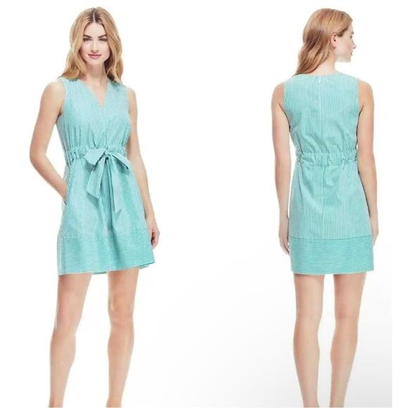 Pearl by Lela Rose Stretch Cotton Cottage Dress Green White Stripe Classy Preppy - Picture 3 of 9